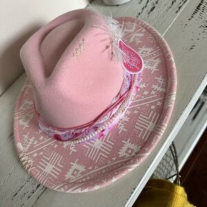 Custom Pink Women's Embellished Western Boho Hat with Feather Detail